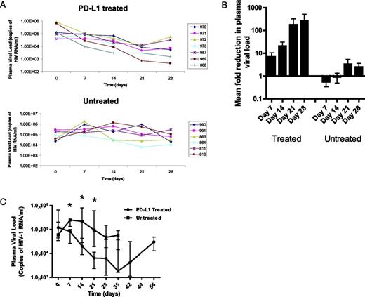 FIGURE 2. HIV-1–infected Rag-hu mice treated with anti–PD-L1 mAb exhibited reduced HIV-1 plasma VLs. Rag-hu mice with established chronic infection were injected i.p. with 200 μg of BMS humanized anti–PD-L1 mAb every 3 d for 4 wk (days 3–28), and HIV-1 plasma VL was determined by real-time PCR. (A) Plasma VLs are shown for individual treated and untreated control Rag-hu mice. (B) Fold reduction in HIV-1 plasma VL over pretreatment values. (C) Median HIV-1 plasma VL of treated (n = 7) and untreated mice (n = 6). The data are representative of three experiments. *p < 0.05(Mann–Whitney U test).