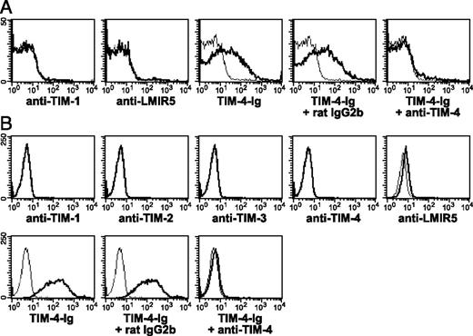 FIGURE 3. Binding of TIM-4-Ig to CD4 T cells and L5178Y cells. (A) Expression of TIM-4 receptor on CD4 T cells in the LN cells from CIA mice at day 30 after immunization. LN cells were double stained with FITC-labeled anti-CD4 mAb and biotinylated anti–TIM-1 mAb, anti-LMIR5 Ab, control rat IgG1, or control goat IgG, followed by PE-labeled streptavidin. LN cells were also preincubated with 10 μg anti–TIM-4 mAb or control rat IgG2b and then double stained with FITC-labeled anti-CD4 mAb and TIM-4-Ig or control mouse IgG2a, followed by biotinylated anti-mouse IgG2a mAb and PE-labeled streptavidin. The histograms show staining of electronically gated CD4+ cells. (B) Reactivity of anti-TIM mAbs and TIM-4-Ig to L5178Y cells. L5178Y cells were stained with biotinylated Abs specific for TIM-1, TIM-2, TIM-3, TIM-4, LMIR5, or control rat or goat IgG, followed by PE-labeled streptavidin (upper). L5178Y cells were preincubated with 10 μg anti–TIM-4 mAb or control rat IgG2b and then stained with TIM-4-Ig or control mouse IgG2a, followed by biotinylated anti-mouse IgG2a mAb and PE-labeled streptavidin (lower). Thick lines indicate the staining with the specific mAbs or TIM-4-Ig, and thin lines indicate background staining with control IgG or mouse IgG2a.