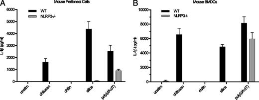 FIGURE 3. IL-1β release from mouse peritoneal cells and BMDCs is NLRP3 dependent. Peritoneal cells (A) and DCs (B) were cultured and stimulated as described in Fig. 2, with the addition of the AIM2 inflammasome stimulus, poly(dA:dT) (2 μg/ml). (A) p < 0.05 comparing wild-type (WT) with NLRP3−/− cells for chitosan and p < 0.0001 for silica. (B) p < 0.0001 comparing WT with NLRP3−/− cells for chitosan and p < 0.0001 for silica. All comparisons were analyzed by two-way ANOVA. Data are means ± SE of two (A) and three (B) independent experiments, each performed in triplicate.