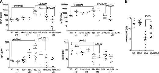 FIGURE 5. Ab production and hemolytic anemia in Il2−/− mice is dependent on IL-21. (A) Quantification of the log10 of serum Ab isotype concentrations or titer measured by ELISA in young (<11 wk of age) and mature (>11 wk of age) mice. Data show the mean and individual values from mice from two separate experiments. The p values were calculated comparing similar age groups using a Student t test. (B) Hematocrit (percentage RBC volume of whole blood) values from individual mice between 6 and 10 wk of age as shown.