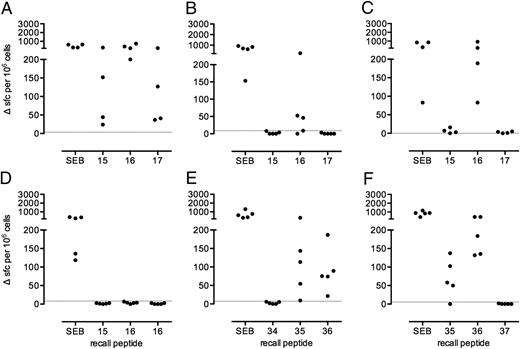 FIGURE 3. IFN-γ ELISPOT response of FliC peptide-immunized HLA-DR1, DR4, DR1501 and DQ8 transgenic mice. (A) p16-immunized HLA-DR1, (B) p16-immunized HLA-DR1501, (C) p16-immunized HLA-DQ8, (D) p16-immunized HLA-DR4, (E) p35-immunized HLA-DR4, and (F) p66-immunized HLA-DR4. Groups of (n = 5) HLA-DR1, -DR4, -DR1501, and -DQ8 transgenics were immunized in the footpad with 25 μg peptide in adjuvant and popliteal lymph node cells were evaluated 10 d later for IFN-γ responses to the FliC peptide set or 50 ng/ml staphylococcal enterotoxin B as a positive control. Mice were considered to respond if values > mean + 2 SD of cells in the absence of Ag (shown as horizontal dotted line).