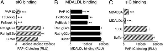 FIGURE 4. MDALDL binds to IC binding domain in CD16. sCD16 was coated on white ELISA plate. Soluble PAP-ICbiotin at 2 μg/ml (A) or MDALDLbiotin at 3 μg/ml (B) binding to sCD16-coated plates was performed by luminescence-based assay. Anti-CD16 blocking mAbs (2 μg/ml, FcBlock 1 or 2) were added to sCD16-coated wells before the addition of ligands. CD16-coated wells incubated with unlabeled PAP-IC and isotype control rat IgG were used as positive and negative controls, respectively. sCD16-coated well without blocking reagent (buffer) shows the total ligand (PAP-ICbiotin or MDALDLbiotin) binding. (C) MDA-modified proteins inhibit sIC binding to CD16. Soluble PAP-ICbiotin (2 μg/ml) binding to sCD16-coated wells was performed in the absence (buffer) or presence of unlabeled MDA-BSA or MDALDL (at 20 μg/ml) by luminescence-based assay. nLDL (20 μg/ml) was used a negative control. Values are mean ± SD of triplicate wells. Representation of two independent experiments is presented. **p < 0.01, ***p < 0.001, compared with buffer-treated (no competitor) wells.