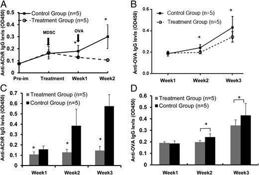 FIGURE 4. MDSC treatment does not significantly suppress host immune responses to a nonrelevant Ag. (A) AChR-specific IgG titers in MDSC-treated EAMG mice and control mice. Sera were collected at different time points and serum anti-AChR IgG titers were measured by ELISA. (B) OVA-specific IgG titers in MDSC-treated EAMG mice and control mice after OVA immunization. (C) AChR-specific IgG titers in MDSC-treated EAMG mice and control mice at different time points; (D) OVA-specific IgG titers in MDSC-treated EAMG mice and control mice after OVA immunization as measured over the same time course. Error bars are SD. *p < 0.05.