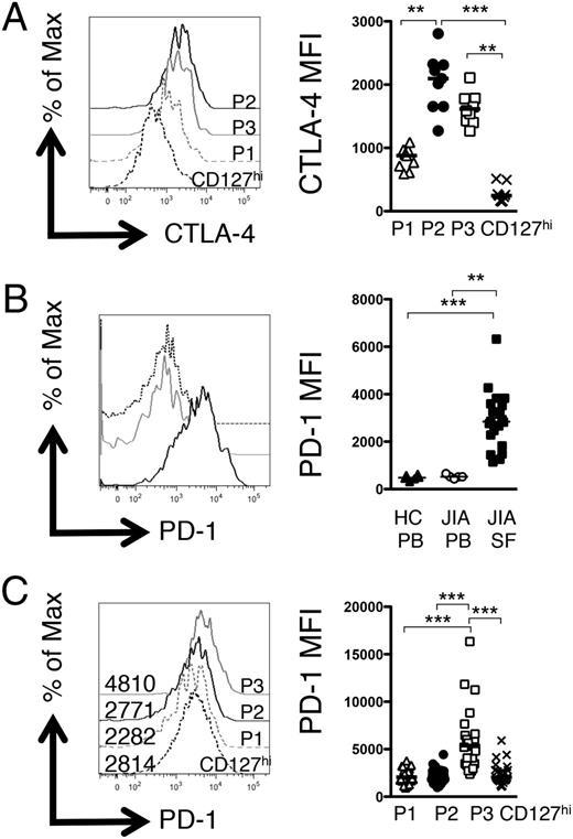 FIGURE 3. P3 T cells display phenotypic characteristics of an activated FOXP3lo Treg. (A) Histogram displaying CTLA-4 levels in the three populations (P1, gray dashed line; P2, black line; P3, gray line) compared with CD127hi T cells (black dashed line) in one representative patient. Summary graph (right) displays the MFI of CTLA-4 in the four populations described (n = 9). (B) Representative histogram overlays (left) displaying PD-1 expression levels within the CD4+CD127loCD25hi subset in healthy control PBMC (black dashed line), JIA PBMC (gray line), and JIA SFMC (black line) samples; right, summary graph of PD-1 MFI levels (adult controls, n = 6; JIA PBMCs, n = 5; JIA SFMCs, n = 20). (C) Representative histogram overlays (left) showing PD-1 expression (numbers display the MFI) within the four subsets (P1, gray dashed line; P2, black line; P3, gray line; CD127hi T cells, black dashed line); right, summary graphs of (n = 24) PD-1 protein expression level (MFI). Bars represent median values. Statistical analysis by Friedman test with Dunn’s multiple comparisons (A and C) or Kruskal–Wallis test with Dunn’s multiple comparisons (B). **p < 0.01, ***p < 0.001.