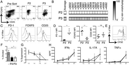 FIGURE 5. P3 Tregs display a modest functional deficit. (A) Flow cytometry plots displaying CD25 versus FOXP3 expression in unsorted sample from patient 21 (left), P2-enriched Tregs, CD127loCD25hiFSCloPD-1int (middle), and P3-enriched Tregs, CD127loCD25hiFSChiPD-1hi (right). (B) TSDR methylation rates in sorted Treg populations from patient 21. (C) Representative histogram overlays (top) displaying expression levels of PD-1, FOXP3, and CD25 in the sorted Treg populations compared with autologous SF Tcons (P2, black line; P3, gray line; CD127hi T cells, black dashed line). (D) Summary graphs show MFI data for PD-1, FOXP3, and CD25 in the sorted samples (n = 6). CFSE-labeled SF Tcons were cultured alone (0:1) or at a 1:2, 1:4, or 1:8 ratio with either P2 Tregs or P3 Tregs on anti–CD3/CD28-coated plates for 4–5 d. (E) Histogram overlay displaying Tcon CFSE dilution in the presence of P2 Tregs (black line) and P3 Tregs (gray line) at a 1:2 ratio. Tcon alone division is displayed in black dashed line. (F) Summary data demonstrating percentage of divided Tcons in the presence of P2 (filled bar) or P3 (open bar) Tregs (n = 6) or no Tregs (hatched bar). (G) Percentage suppression of SF Tcons at 1:2 (n = 6), 1:4 (n = 6), and 1:8 (n = 5) Treg/Tcon ratios. (H) Levels of IFN-γ, IL-17A, and TNF-α in coculture supernatants. Tcons plus P2 Tregs (●) and Tcons plus P3 Tregs (□) are shown. Bars represent the median value in (D) and means ± SEM in (F)–(H). Statistical analysis was performed by a Mann–Whitney U test (D), repeated measures ANOVA with a Bonferroni multiple comparisons test (F), or a paired t test (H). *p < 0.05, **p < 0.01.