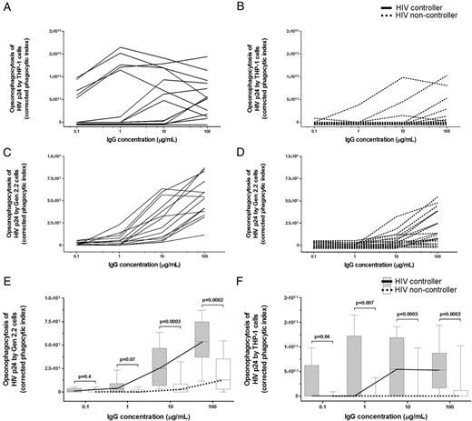 FIGURE 1. HIV controllers exhibited higher opsonophagocytosis of HIV-1 p24 in comparison with noncontrollers when assessed with either Gen2.2 or THP-1 cells, with opsonophagocytosis of HIV-1 p24 being more uniform with the former cell line. IgG Abs were purified from HIV controllers and noncontrollers of the Perth cohort and incubated (100, 10, 1, 0.1 μg/ml) with HIV-1 p24–conjugated beads (0.1 μg/ml) in the presence of 20,000 THP-1 (A and B) or Gen2.2 cells (C and D) to assess opsonophagocytosis of HIV-1 p24. Opsonophagocytic scores for controllers and noncontrollers are shown as box and whisker plots for the assay with (E) Gen2.2 cells and (F) with THP-1 cells.