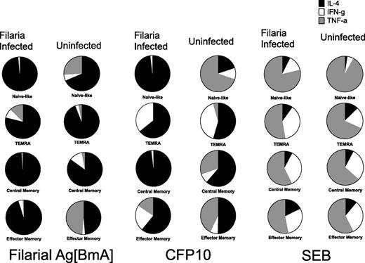 FIGURE 3. Filaria-infected subjects show preferential IL-4 expansion (compared with IFN-γ and TNF-α) in the TCM and TEM compartments in response to BmA and CFP-10. In the NV compartment, Inf subjects have a dominant IL-4 response compared with Uninf subjects, who have a dominant TNF-α response. Data are represented as pie charts comparing median net frequency in CD4+ cytokine producing (IL-4, IFN-γ, and TNF-α) cells as parts of the whole response in the different memory compartments (NV, TEMRA, TCM, TEM,) between Inf (n = 25) and Uninf (n = 14) groups in response to BmA, CFP-10, and SEB.
