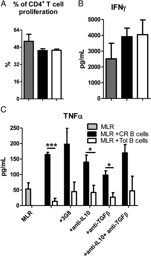 FIGURE 4. Regulatory B cells suppressed TNF-α secretion in MLRs. (A) Percentage of CD4+ T cell proliferation and (B) IFN-γ and (C) TNF-α secretion in the supernatants of the MLR, cultured with or without IgD−IgMlow/− spleen B cells from chronically rejected (+CR B cells) or tolerant (+Tol B cells) recipients harvested at day 100 after transplantation. Irrelevant 3G8 or neutralizing anti–IL-10 and/or anti–TGF-β1 Abs (10 μg/ml) were added in the MLR. Data were expressed in percentage of cells having diluted CFSE, and cytokine expression was assessed by ELISA and expressed in pg/ml ± SEM (n ≥ 4). *p < 0.05, ***p < 0.001.