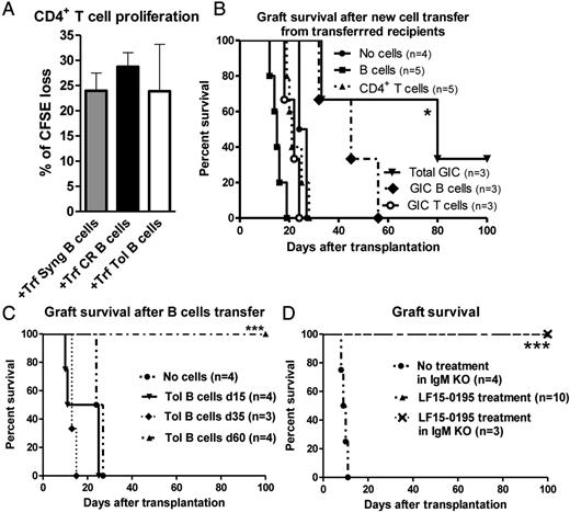 FIGURE 6. Transfer of regulatory B cells mediated suppression in the allografts. (A) Spleen CD4+ T cell proliferation in MLR from recipients transferred with spleen B cells from syngeneic (+Trf Syng B cells), chronically rejected (+Trf CR B cells), or tolerant (+Trf Tol B cells) recipients at day 100 after transplantation. Data were expressed in percentage of cells having diluted CFSE ± SEM (n = 4). (B) Survival curves (%) of allograft in sublethally irradiated but immunocompetent recipients retransferred with total (1 × 106), purified B or T (1 × 105) graft-infiltrating cells, and with 10 × 106 of B or CD4+ T cells from spleen of recipients transferred with B cells from tolerant recipients (n ≥ 3). *p < 0.05. (C) Survival curves (%) of donor-type allografts from sublethally irradiated but immunocompetent recipients transferred with 10 × 106 spleen B cells from tolerant (Tol) recipients harvested under the 20-d course of LF15-0195 immunosuppressive treatment at day 15 after transplantation or after treatment at days 35 and 60 after transplantation (n ≥ 3). ***p < 0.001. (D) Survival curves (%) of donor-type allografts in untreated or 20-d course LF15-0195–treated normal or B cell–deficient (IgM KO) recipients (n ≥ 3). ***p < 0.001.