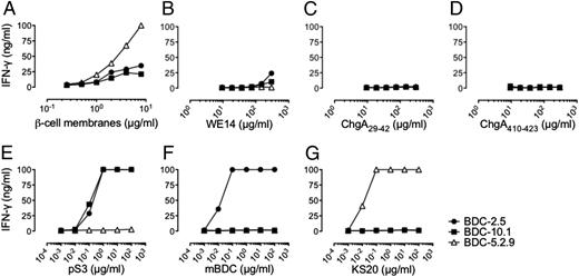 FIGURE 2. The ChgA-reactive BDC-2.5 and BDC-10.1 TCRs have different fine specificities. The CD4 T cell clones BDC-2.5, BDC-10.1, and BDC-5.2.9 were stimulated with the indicated amount of β cell membrane extracts (A), ChgA-derived peptides WE14 (B), ChgA29–42 (C), ChgA410–423 (D), the pS3 peptide (E), the mBDC peptide (F), or the IAPP-derived KS20 peptide (G). IFN-γ production measured by ELISA is expressed as ng/ml. One representative experiment out of two performed is shown.