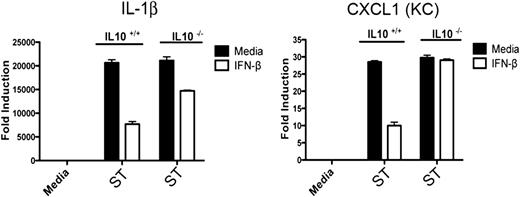 FIGURE 6. Loss of IFN-β–mediated transcriptional suppression in IL-10−/− macrophages. WT and IL-10−/− macrophages were pretreated with media alone or 100 U/ml IFN-β for 60 min prior to infection with SL1344 for 4 h. IL-1β and CXCL1 mRNA were assayed by qRT-PCR.