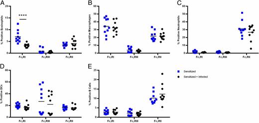 FIGURE 8. Infection results in decreased percentage of eosinophils expressing FcγRI. Flow cytometry was used to assess the percentage of cells expressing activating FcγRI and FcγRIII and inhibitory FcγRII. Single-cell suspensions of live splenocytes were first gated as (A) eosinophils (CD11c−CD45+SiglecF+), (B) macrophages (F4/80+), (C) neutrophils (F4/80−Ly6G+), (D) dendritic cells (CD11c+), or (E) B cells (CD19+). Each cell type was then gated on the basis of FcγRI (CD64+), FcγRIII (CD16+), and FcγRII (CD32+) positivity using fluorescence minus one (FMO) controls. Data are representative of two independent experiments with four to five BALB/c mice per group. Error bars represent ± SEM. Significant differences between groups were analyzed by the Mann–Whitney U test. ****p < 0.0001.