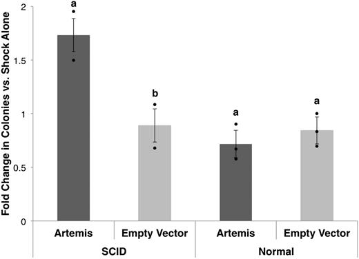 FIGURE 6. Rescue of sensitivity to ionizing radiation. Fibroblasts from compound heterozygous SCID (n = 2) and normal (n = 3) littermates were transfected with human Artemis-expressing plasmid (5 μg, Artemis), with a molar equivalent of pExodus plasmid without the Artemis gene (3.45 μg, Empty Vector), or shocked without plasmid added. Fibroblasts were exposed to a 4 Gy radiation dose 24 h after transfection. Colonies (≥2 mm) were counted after 14 d of growth. The average number of surviving colonies for three replicates for a given plasmid was divided by the number of colonies from shock only cells for each animal. Error bars represent the SE of the least squares means. Dots show individual observations. Bars with different letters (a and b) within affected status represent statistical differences between means with p < 0.01.