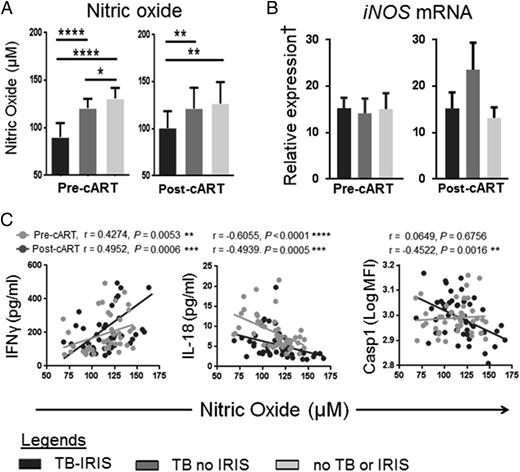 FIGURE 5. Plasma levels of NO and cellular expression of iNOS among patient groups and their correlation with IFN-γ, IL-18, and casp1. (A) Plasma levels of NO among TB-IRIS, TB no IRIS, and no TB or IRIS pre-cART at time of TB-IRIS or 4–12 wk post-cART. (B) iNOS expression in monocytes among the three groups of patients both pre- and post-cART. (C) Correlation between plasma NO and plasma IFN-γ (left panel), IL-18 (middle panel), and monocyte expression of activated Casp1 (right panel). Data were analyzed using the Kruskal–Wallis test across three patient groups. Post hoc Mann–Whitney U tests were then performed for those biomarkers with a Kruskal–Wallis test p value <0.05. Correlation was analyzed using a Spearman rank test. *p < 0.05, **p < 0.01, ***p < 0.001, ****p < 0.0001.