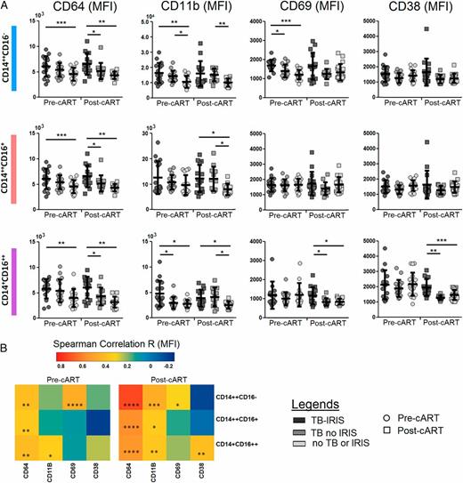 FIGURE 6. The association between monocyte activation and TB-IRIS and correlation with casp1. (A) Expression (MFI) of monocyte activation markers CD64, CD11b, CD69, and CD38 on circulating CD14++CD16−, CD14++CD16+, and CD14+CD16++ monocytes pre- and post-cART. (B) Heat map depicting the overall pattern of correlation between expression of monocyte activation markers and activated casp1 expression in respective monocyte subsets at pre- and post-cART. Data were analyzed using the Kruskal–Wallis test across three patient groups. Post hoc Mann–Whitney U tests were then performed for those biomarkers with a Kruskal–Wallis test p value <0.05. A Spearman rank test was used to compare the correlation between two continuous variables. *p < 0.05, **p < 0.01, ***p < 0.001.