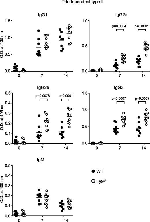 FIGURE 2. Ly9 absence leads to enhanced B cell Ab responses against TI-2 Ags. Determination of anti-TNP–specific Ab levels in the serum from 10-wk-old WT and Ly9−/− mice. Animals were immunized i.p. with TNP65-Ficoll on day 0 and bled on days 7 and 14. Results are expressed as OD values at 405 nm. Data are from two independent experiments with four to five mice per group.