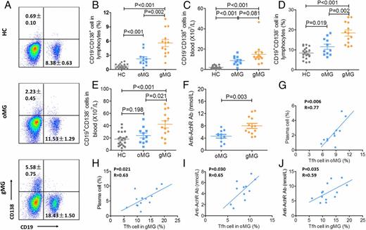 FIGURE 5. Tfh cell population was positively correlated with plasma cell population and titers of AChR-Ab. (A) Gating strategy of CD19−CD138+ plasma cells, CD19+CD138− B cells in lymphocytes. (B and C) Percentages of CD19−CD138+ plasma cells in lymphocytes and the total number of CD19−CD138+ plasma cells per liter of blood in ocular MG (oMG) or generalized MG (gMG) patients were calculated and compared with these values in healthy controls (HC). (D and E) Percentages of CD19+CD138− B cells in lymphocytes and the total number of CD19+CD138− B cells per liter of blood in oMG or gMG patients were calculated and compared with these values in HC. (F) Higher titers of AChR-Ab were found in the gMG group in contrast with the oMG group. (G–J) Linear regression analysis between Tfh cells in oMG/gMG patients and CD19−CD138+ plasma cells or the titers of AChR-Ab revealed strong positive correlation. Mean values ± SEM are indicated; each data point represents an individual subject.