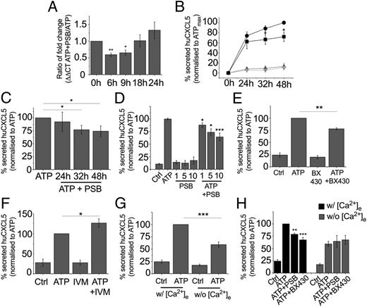 FIGURE 5. P2X4 receptor modulates ATP-induced mRNA expression and protein secretion of CXCL5 in human MDMs. (A) qRT-PCR analysis of effect of blocking P2X4 (10 μM PSB-12062, n = 6 donors) over different time points (6, 9, 18, and 24 h). (B and C) Effect of PSB-12062 on ATP-induced CXCL5 protein secretion at 24 h (n = 6 donors), 32 h (n = 6 donors), and 48 h (n = 7 donors), as quantified by ELISA. Black closed circle: ATP control, black closed squares: ATP + 10 μM PSB-12062, dark gray line: 10 μM PSB-12062 control, light gray line: vehicle control. (D) Effect of concentration response of PSB-12062 on ATP-induced CXCL5 protein secretion at 48 h (n = 4 donors). (E) Effect of 5 μM BX430 on ATP-induced CXCL5 secretion at 48 h (n = 7 donors). (F) Effect of 3 μM IVM on ATP-induced CXCL5 protein secretion at 48 h (n = 6 donors). (G) Effect of extracellular Ca2+ depletion (2 mM EGTA) on constitutive and ATP-induced CXCL5 secretion (n = 7 donors). (H) Effect of P2X4 receptor antagonists (10 μM PSB-12062 and 5 μM BX430) on ATP-induced CXCL5 secretion in the presence (n = 7 donors) or absence (n = 4 donors) of extracellular Ca2+. Statistical significance is represented as *p < 0.05, **p < 0.01, ***p < 0.001.
