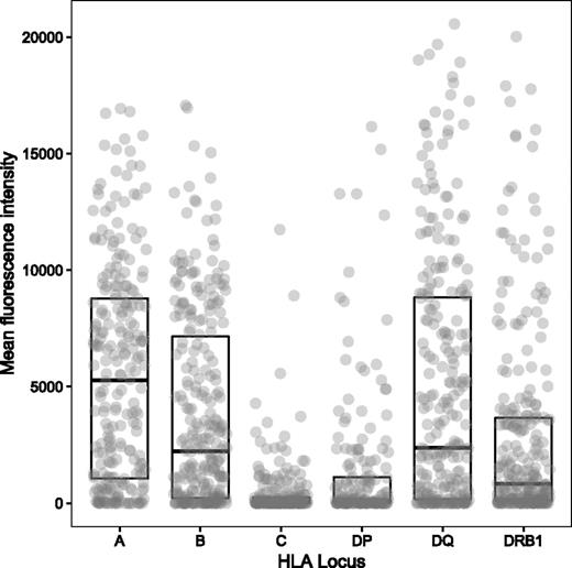 FIGURE 3. Donor-specific alloantibody responses after LIT against mismatched HLA expressed on donor lymphocytes. The figure depicts alloantibody binding, as detected using Luminex single HLA beads, against mismatched HLA expressed on donor lymphocytes for the entire cohort. Donor–recipient HLA mismatches (n = 1381) are grouped according to HLA locus (242 HLA-A, 266 HLA-B, 213 HLA-C, 156 HLA-DP, 247 HLA-DQ, and 257 HLA-DRB1), and the MFI of DSA binding detected in recipient sera is shown on the y-axis. The median (SD) MFI of Ab responses against mismatches within individual HLA loci was 5270.3 (4625.6) for HLA-A, 2303.8 (4091.9) for HLA-B, 40.0 (1115.0) for HLA-C, 102.4 (2868.2) for HLA-DP, 2372.4 (5435.0) for HLA-DQ, and 803.1 (4056.2) for HLA-DRB1.
