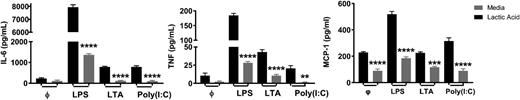 FIGURE 2. Lactic acid suppresses TLR-2, -3, and -4 effects on BMMC. BMMC were treated with or without 12.5 mM lactic acid for 24 h and activated with or without LPS (1 μg/ml), LTA (25 μg/ml), or poly(I:C) (100 μg/ml) for 16 h. Data are means ± SEM of three populations, representative of three independent experiments. **p < 0.01, ***p < 0.001, ****p < 0.0001.