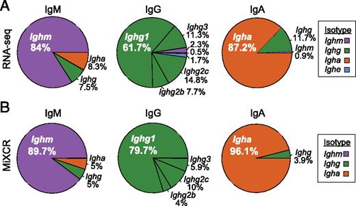 FIGURE 5. Flow cytometry accurately captures specific ASC populations. Pie charts showing the percentage of fragments per kb per million–normalized RNA-seq mapped reads (A) or MiXCR extracted clones (B) that map to each Igh C region for the indicated ASC isotype. Data represent the total from each ASC isotype group. For IgM and IgA ASC groups, all Ighg isotypes are summarized for simplicity.