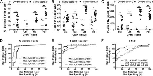FIGURE 7. T cell activation metrics are predictive for GVHD across graft sources. T cell activation markers that were significantly different between non-GVHD and GVHD NBSGW mice (Figs. 4, 5) were validated in BM, CB, MB, and PB graft sources (A–C). (D–F) ROC analysis was performed on percentage of blasting T cells (D), T cell burden in PB (E), and plasma IFN-γ concentration (F) to test their efficacy as predictive biomarkers of GVHD.