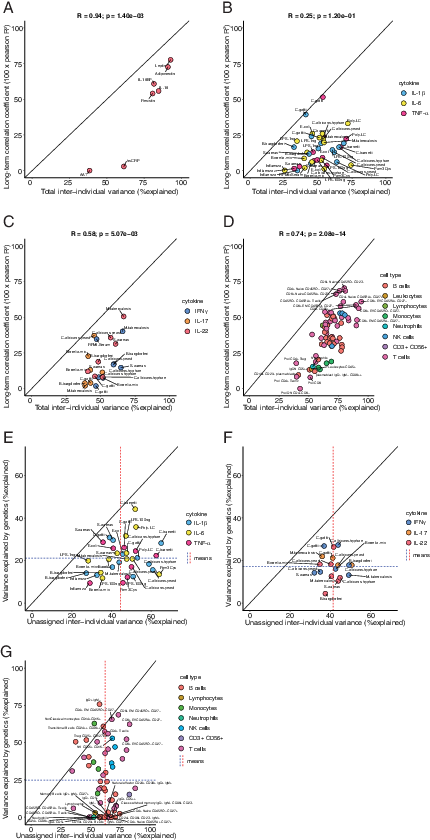FIGURE 6. (A) Total interindividual variance for the circulating markers of inflammation as calculated within the 56P cohort on the x-axis versus correlation between the median value for each individual in the 56P and 500FG cohort on the y-axis. The former reflects stability over the course of 1 y, whereas the latter reflect stability over 2 y. (B) Similar to (A), but now for the short-term cytokine production capacity. (C) Similar to (A), but now for the long-term cytokine production capacity. (D) Similar to (A), but now for cell counts. (E) Interindividual individual variance not explained by age, sex, or BMI on the x-axis versus variance explained by genetics on the y-axis for short-term cytokine production capacity. (F) Similar to (E), but for the long-term cytokine production capacity. (G) Similar to (E), but now for cell counts.